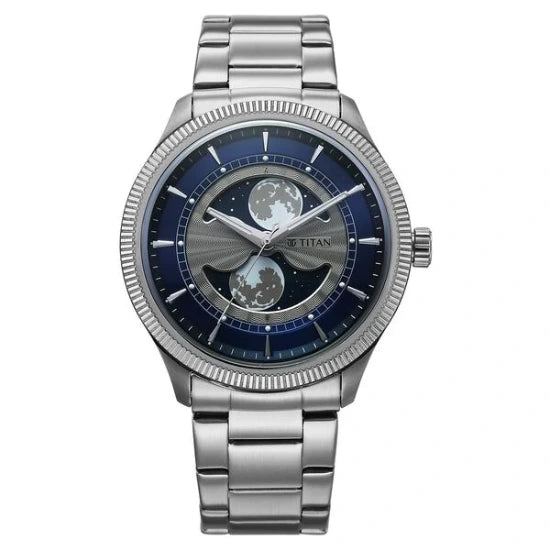 Titan Stellar Analog with Dual Moon Phase and Blue Dial Silver Stainless Steel Strap Watch for Men