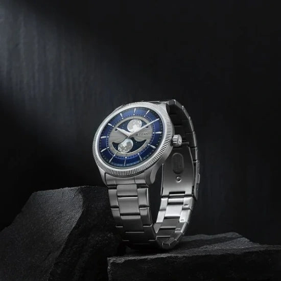 Titan Stellar Analog with Dual Moon Phase and Blue Dial Silver Stainless Steel Strap Watch for Men