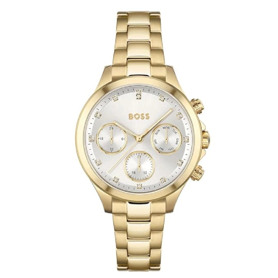 BOSS Hera Qtz Multifunction Silver White Round Dial Women's Watch|Ionic Plated Thin Gold Steel Material|Gold Color Band
