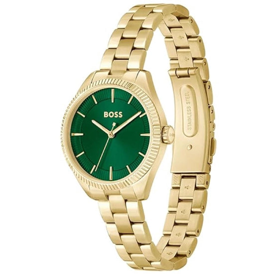 HUGO BOSS Sage Qtz Basic Green Round Dial Women's Analog Watch|Ionic Plated Thin Gold Steel Material|Gold Color Band