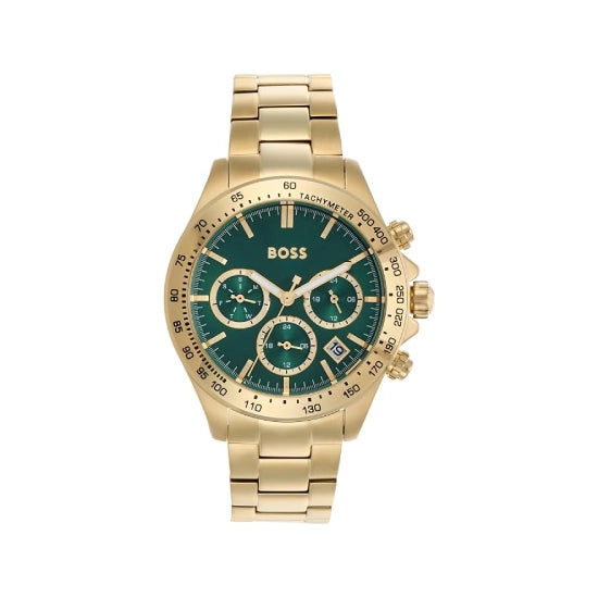 BOSS Novia - Le Qtz Multifunction Green Round Dial Women's Watch|Ionic Plated Thin Gold Steel Material|Gold Color Band