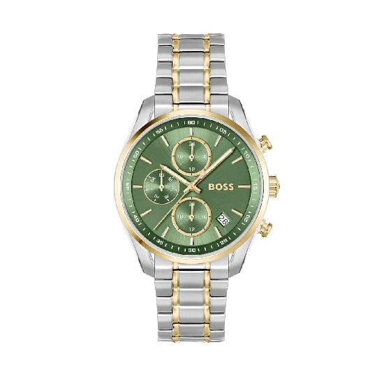 BOSS Grand Tour Ladies Qtz Chrono Green Round Dial Women's Watch|Two Tone Stainless Steel Material|Silver Color Band