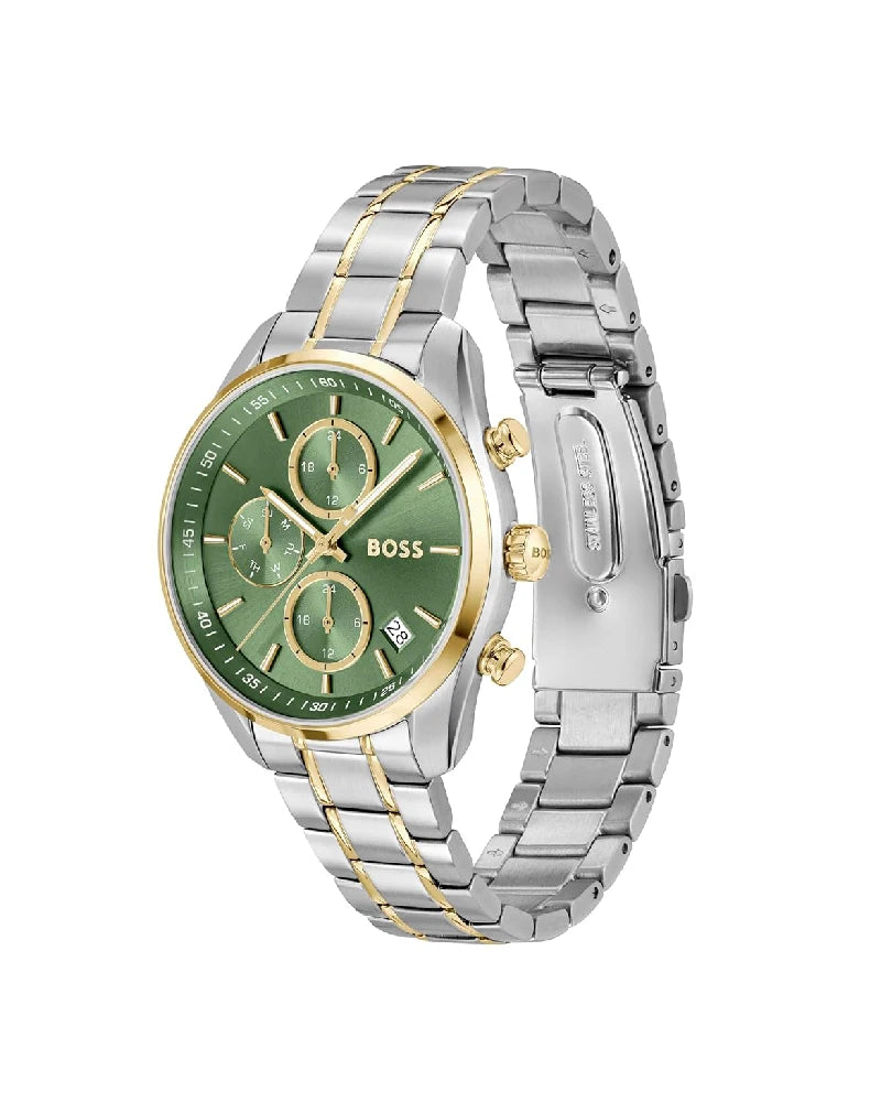 BOSS Grand Tour Ladies Qtz Chrono Green Round Dial Women's Watch|Two Tone Stainless Steel Material|Silver Color Band