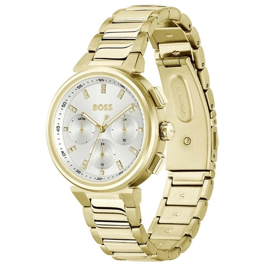 BOSS One Qtz Multifunction Silver White Round Dial Women's Watch|Ionic Plated Thin Gold Steel Material|Gold Color Band