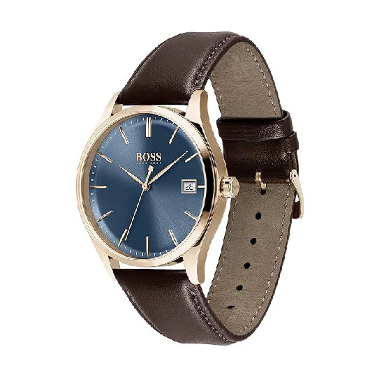 Hugo Boss Commissioner Leather Analog Men's Watch,Blue Dial Brown Colored Strap
