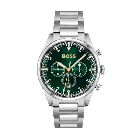 BOSS Hugo Stainless Steel Pioneer Analog Green Dial Men Watch- Silver Band