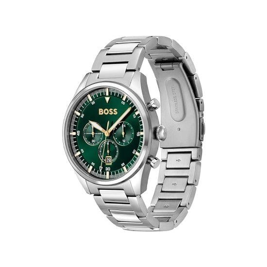 BOSS Hugo Stainless Steel Pioneer Analog Green Dial Men Watch- Silver Band