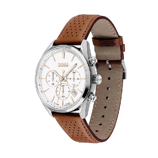 Hugo Boss Champion Leather Analog Men's Watch-White Dial Brown Coloured Strap