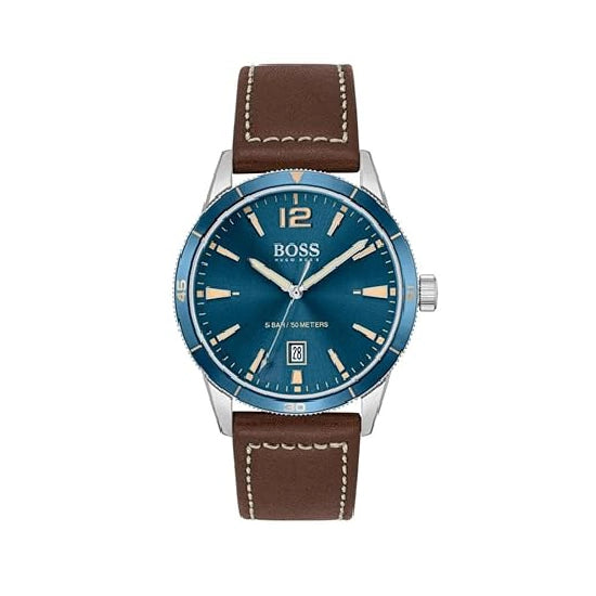 Hugo Boss Leather Hugo Drifter Analog Blue Dial Men Watch-Brown Band
