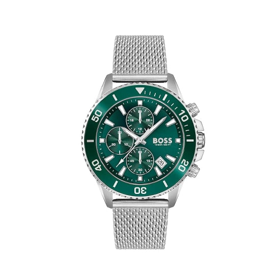 BOSS Admiral Qtz Fashion Chrono Green Round Dial Men's Analog Watch|Stainless Steel Material|Silver Color Band