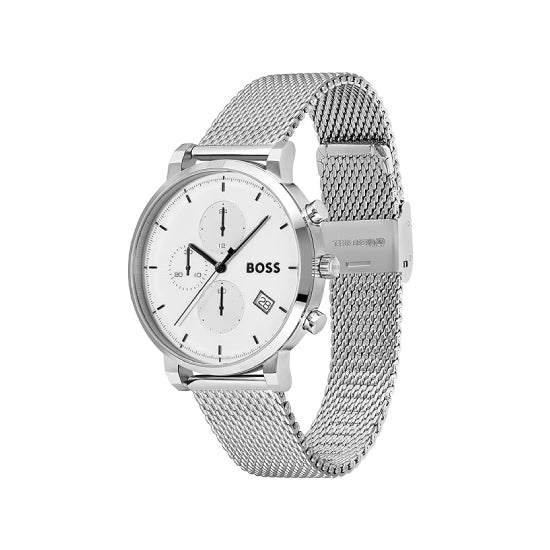 BOSS Integrity Qtz Fashion Chrono White Round Dial Men's Watch|Stainless Steel Material|Silver Color Band