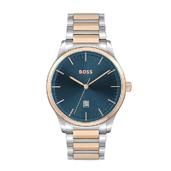 BOSS Reason Qtz Basic Calendar Blue Round Dial Men's Watch|Two Tone Stainless Steel Material|Silver Color Band
