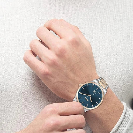 BOSS Reason Qtz Basic Calendar Blue Round Dial Men's Watch|Two Tone Stainless Steel Material|Silver Color Band