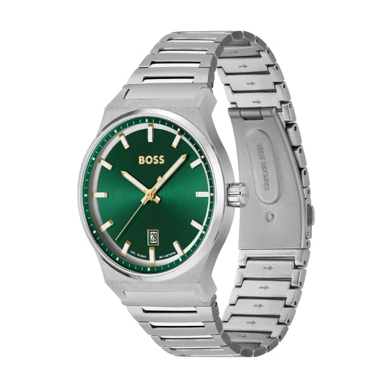BOSS Candor Qtz Basic Calendar Green Round Dial Men's Analog Watch|Stainless Steel Material|Silver Color Band