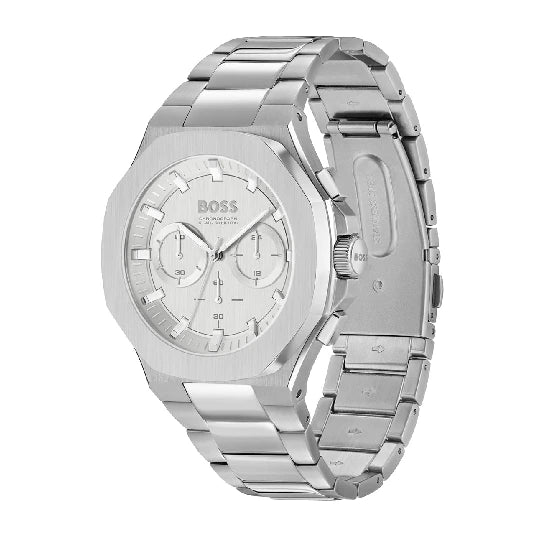 BOSS Taper Qtz Fashion Chrono Silver Tonneau Dial Men's Analog Watch|Stainless Steel Material|Silver Color Band