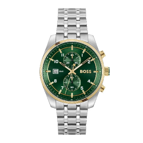 BOSS Hugo Skytraveller Qtz Analog Fashion Chrono Green Round Dial Men's Watch|Stainless Steel Material|Silver Color Band