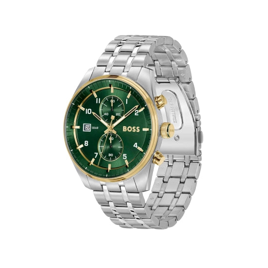 BOSS Hugo Skytraveller Qtz Analog Fashion Chrono Green Round Dial Men's Watch|Stainless Steel Material|Silver Color Band