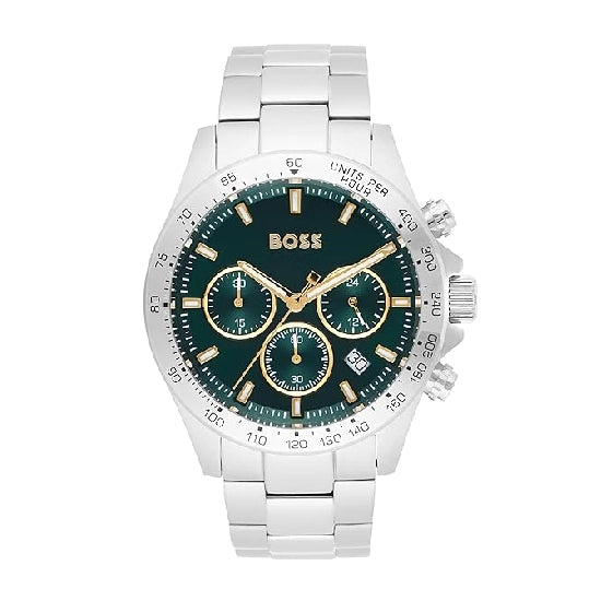 BOSS Hero Qtm Qtz Fashion Chrono Green Round Dial Men's Watch|Stainless Steel Material|Silver Color Band