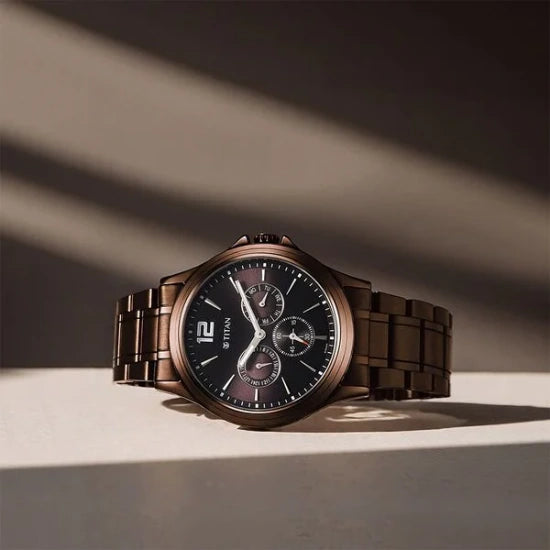 Titan Neo Splash Quartz Multifunction Brown Dial Stainless Steel Strap Watch for Men