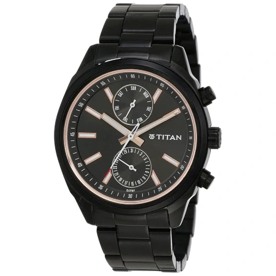 Titan Workwear Quartz Multifunction Black Dial with Black Stainless Steel Bracelet Strap Watch for Men
