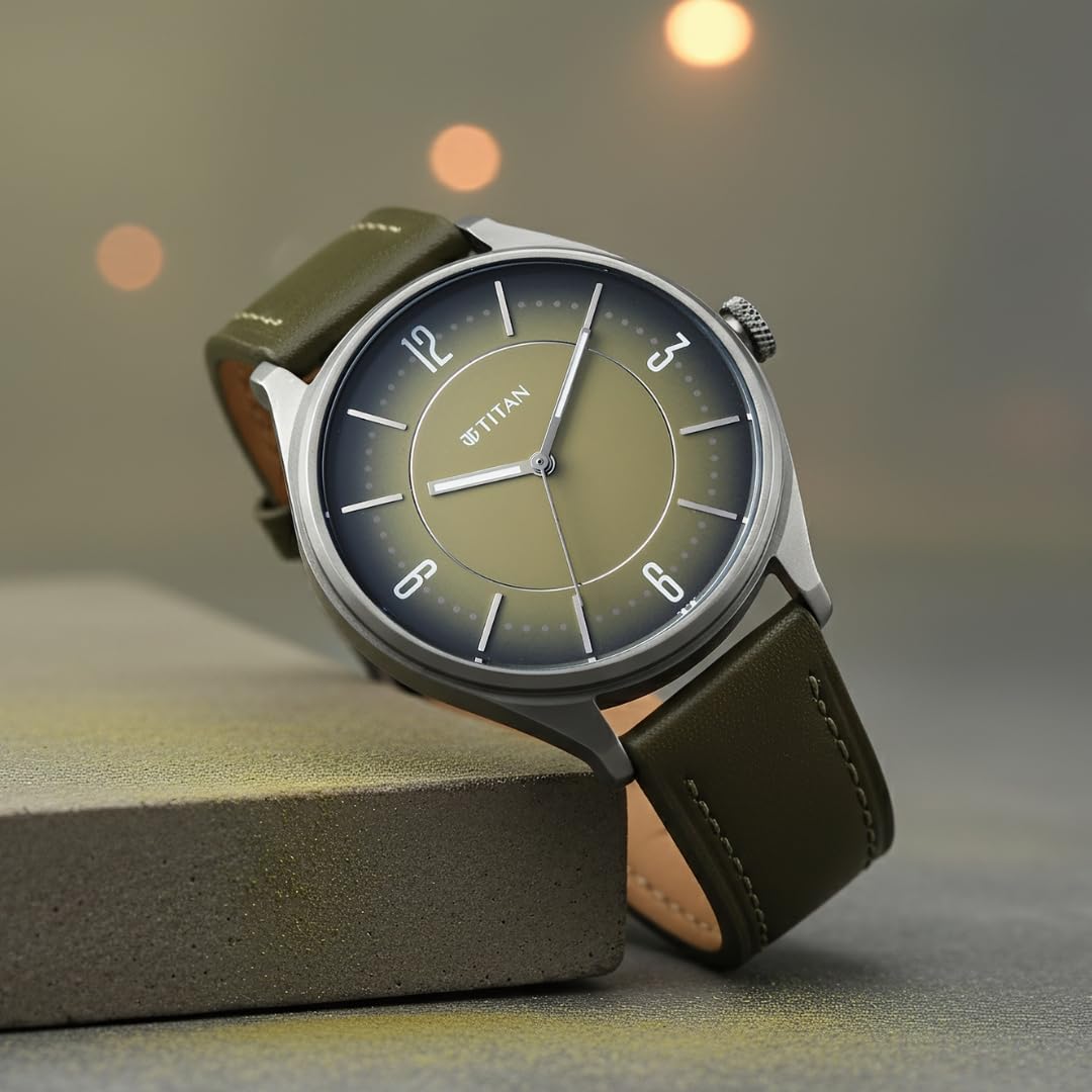 Titan Neo Basics II Quartz Green Round Dial Men's Watch | Genuine Leather Strap Material | Watches for Men Analog