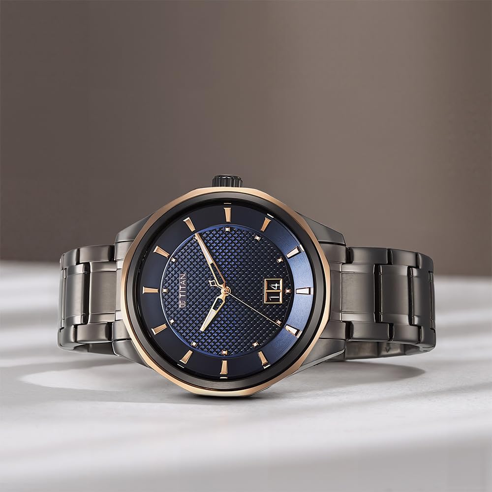 Titan Regalia Opulent Quartz Analog with Date Blue Dial Grey Stainless Steel Strap Watch for Men