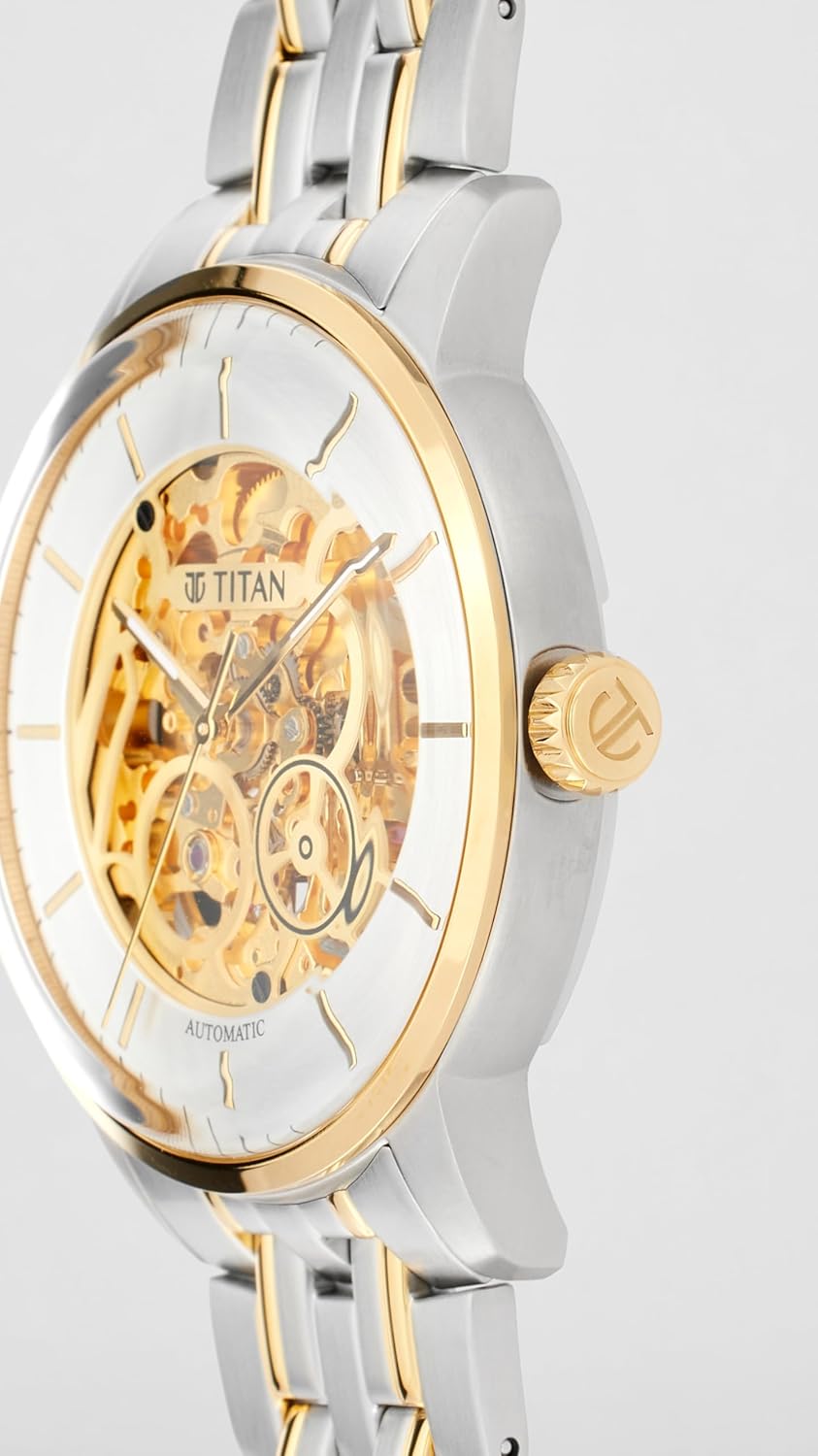 Titan Golden Heart Skeletal Automatic Analog with Silver Dial Dual-Tone Stainless Steel Strap Watch for Men