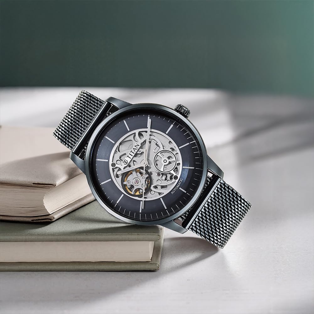 Titan Skeletal Automatic Blue Dial Blue Stainless Steel Strap Watch for Men
