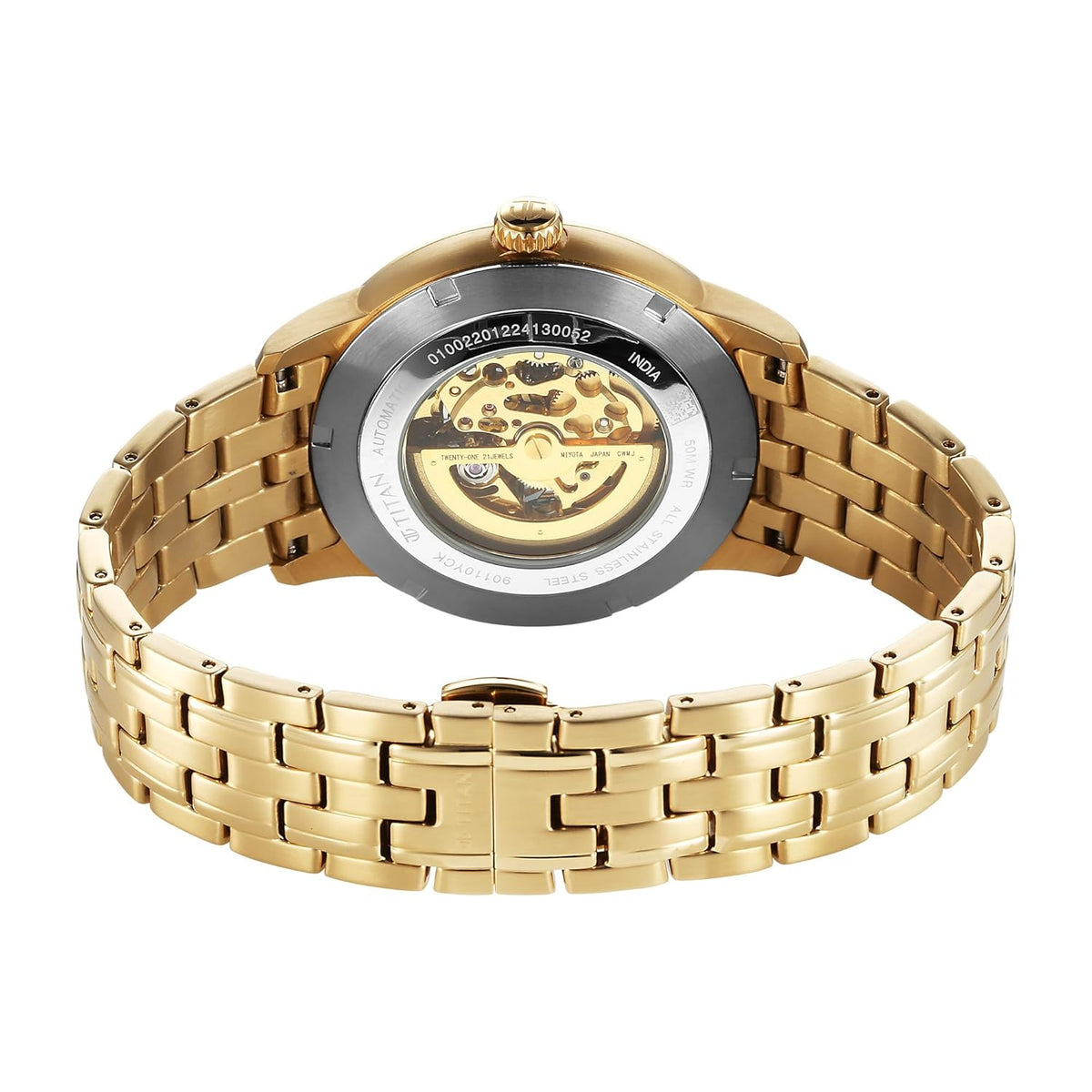 Titan Golden Heart Skeletal Automatic Analog with Silver Dial Yellow Gold Stainless Steel Strap Watch for Men