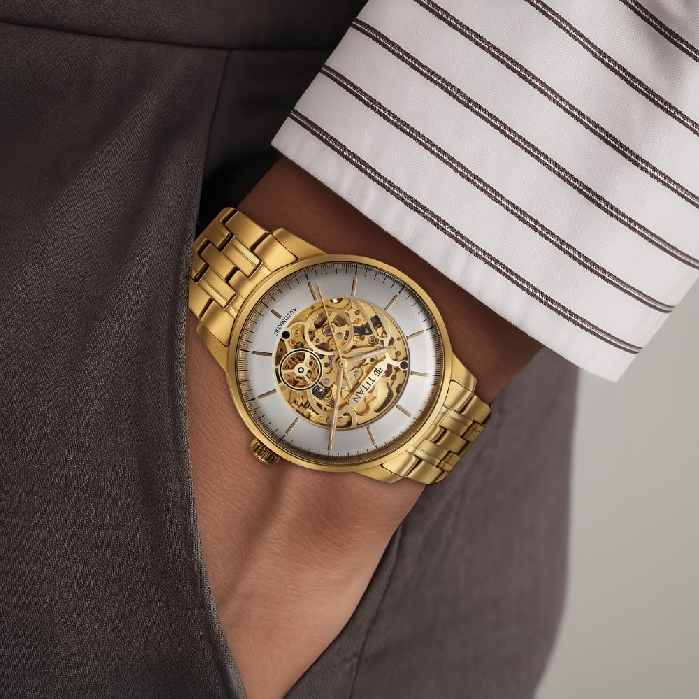 Titan Golden Heart Skeletal Automatic Analog with Silver Dial Yellow Gold Stainless Steel Strap Watch for Men
