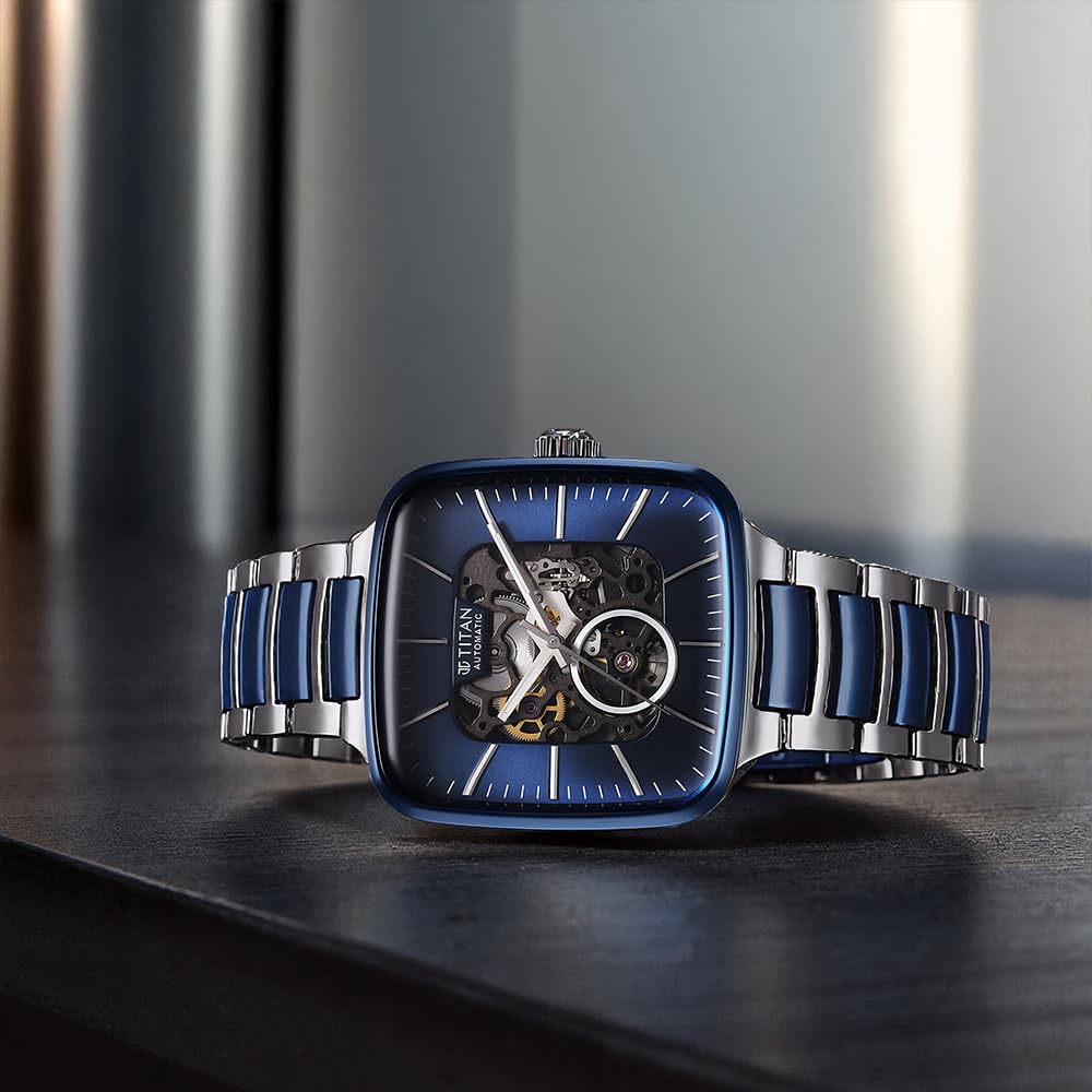 Titan Ceramic Fusion Automatic Square Blue Dial Rose Gold Dual-Toned Stainless Steel Bracelet Watch for Men