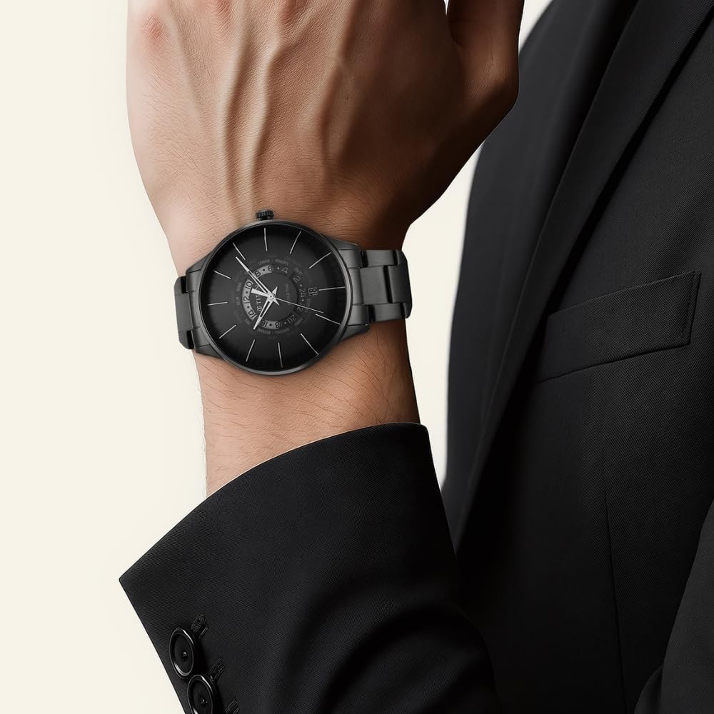 Titan Quartz World Time with Date Black Dial Black Stainless Steel Strap Watch for Men