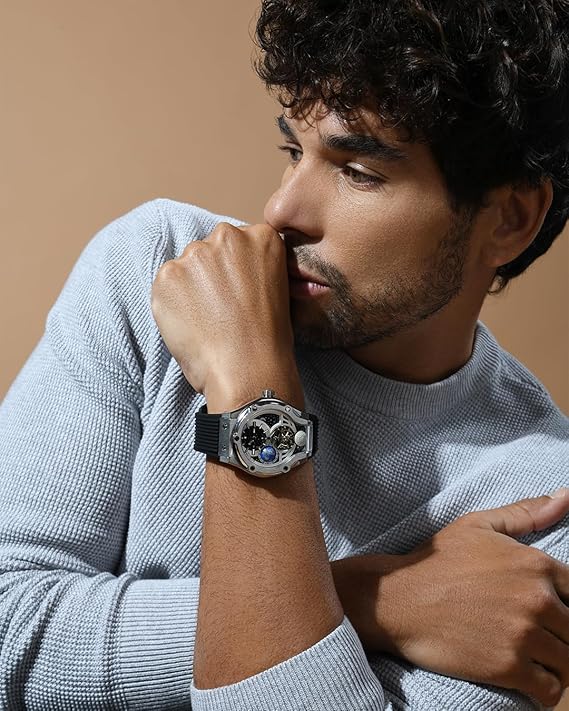 Asteroid Men’s Automatic Watch – Silver Dial, Black Silicon Strap, Multi-Function