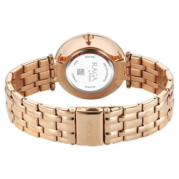 Titan Raga DEC Blaze Quartz Analog Brown Mother Of Pearl Dial Rose Gold Metal Strap Watch For Women