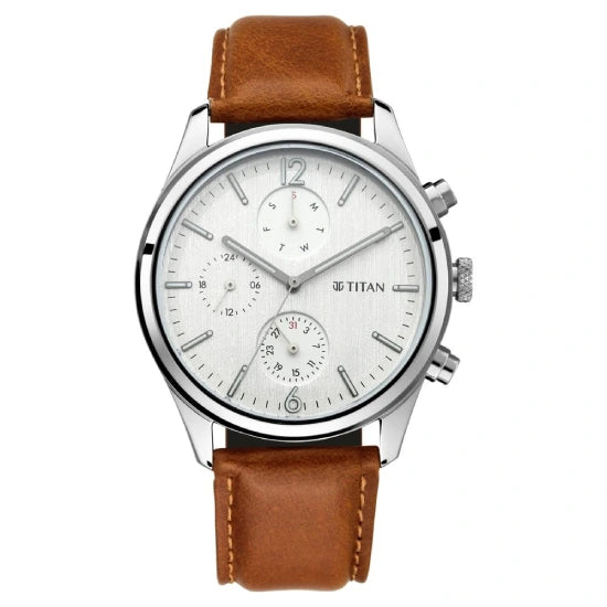 Titan Men's Metropolitan Charm: Men's Multifunctional Black Watch with Leather Strap