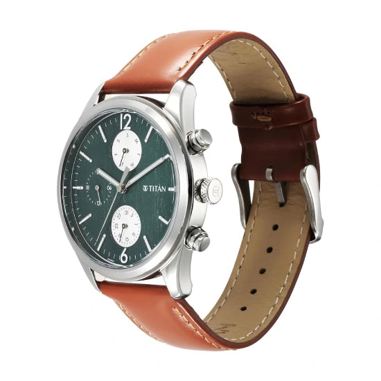 Titan Wrist with Quartz Multifunction Teal Green Dial Brown Leather Strap Watch for Men
