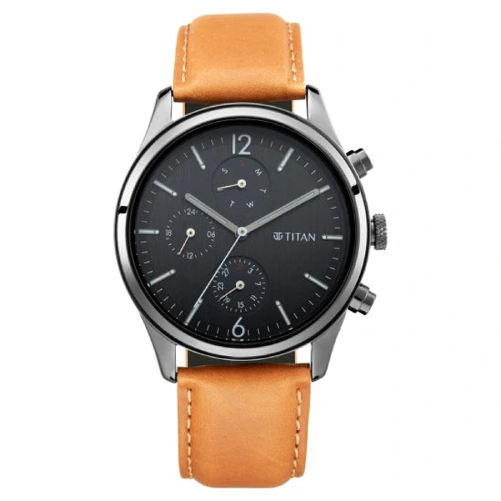 Titan Men's Metropolitan Charm: Men's Multifunctional Black Watch with Leather Strap