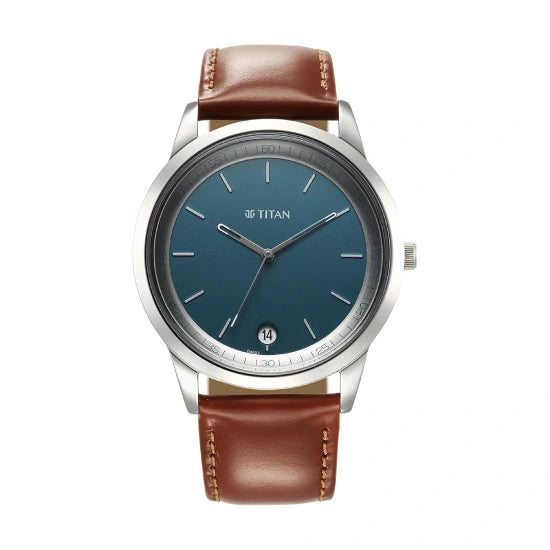 Titan Wrist with Quartz Analog with Date Blue Dial Brown Leather Strap Watch for Men