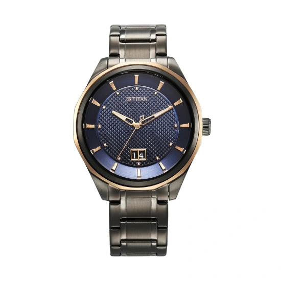 Titan Regalia Opulent Quartz Analog with Date Blue Dial Grey Stainless Steel Strap Watch for Men