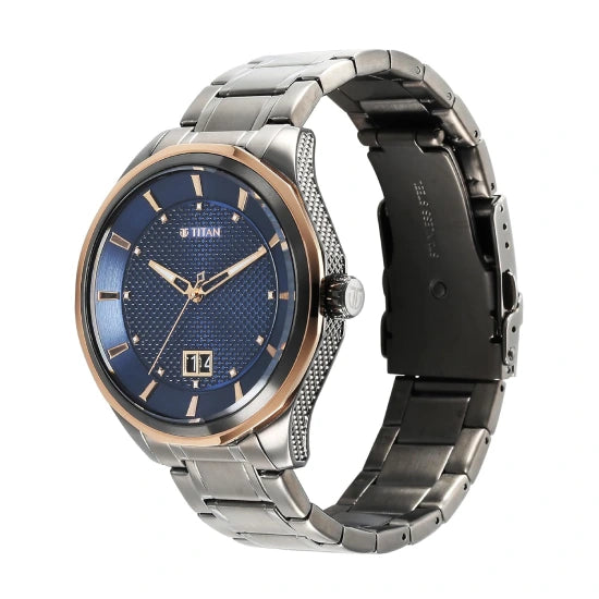 Titan Regalia Opulent Quartz Analog with Date Blue Dial Grey Stainless Steel Strap Watch for Men