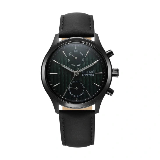 Titan Sapphire Quartz Multifunction Green Dial Black Leather Strap Watch for Men