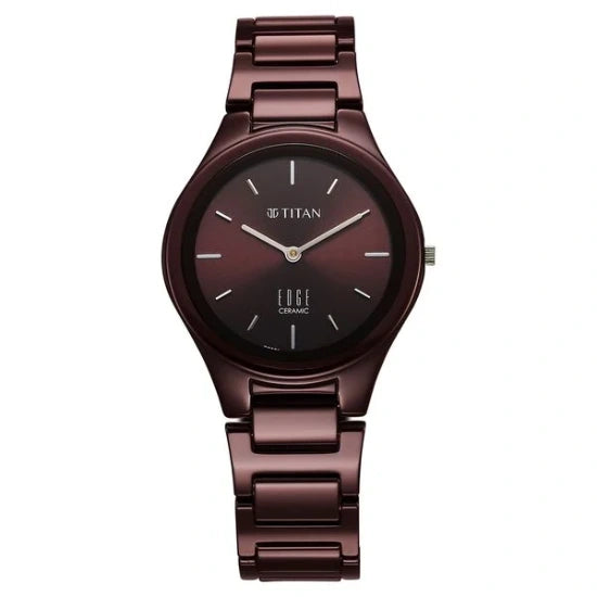 Titan Edge Wine Ceramic Quartz Analog Maroon Dial Red Ceramic Strap Watch For Women
