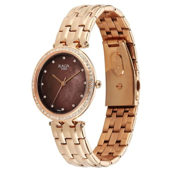 Titan Raga DEC Blaze Quartz Analog Brown Mother Of Pearl Dial Rose Gold Metal Strap Watch For Women