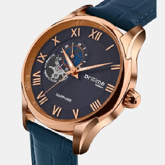 Spiral Men Automatic Blue Dial Multi-Function Leather Watch