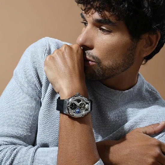 Asteroid Men’s Automatic Watch – Silver Dial, Black Silicon Strap, Multi-Function Stylish Timepiece for Any Occasion