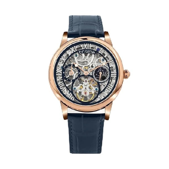 Stellor Open Heart Men Automatic Blue Dial Multi-Function Leather Watch