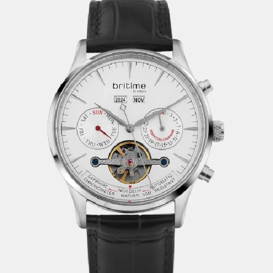 Celestial Men’s Automatic Watch – Silver Dial, Black Leather Strap, Multi-Function | Stylish Timepiece for Any Occasion