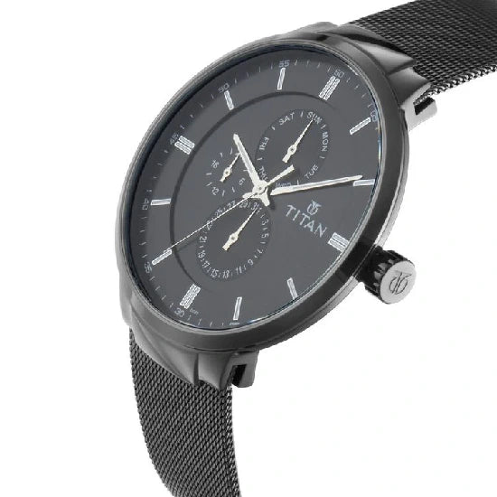 Titan Workwear Black Dial Quartz Multifunction Stainless Steel Strap watch for Men