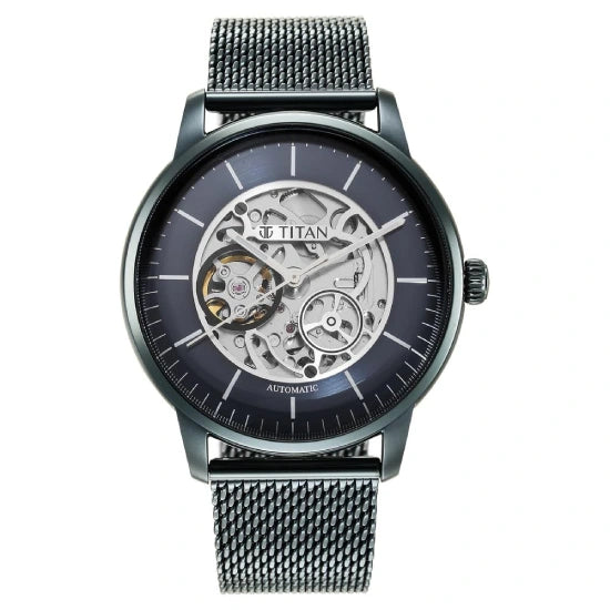 Titan Skeletal Automatic Blue Dial Blue Stainless Steel Strap Watch for Men