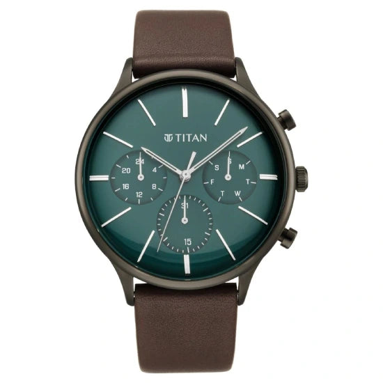 Titan Quartz Multifunction Green Dial Leather Strap Watch for Men